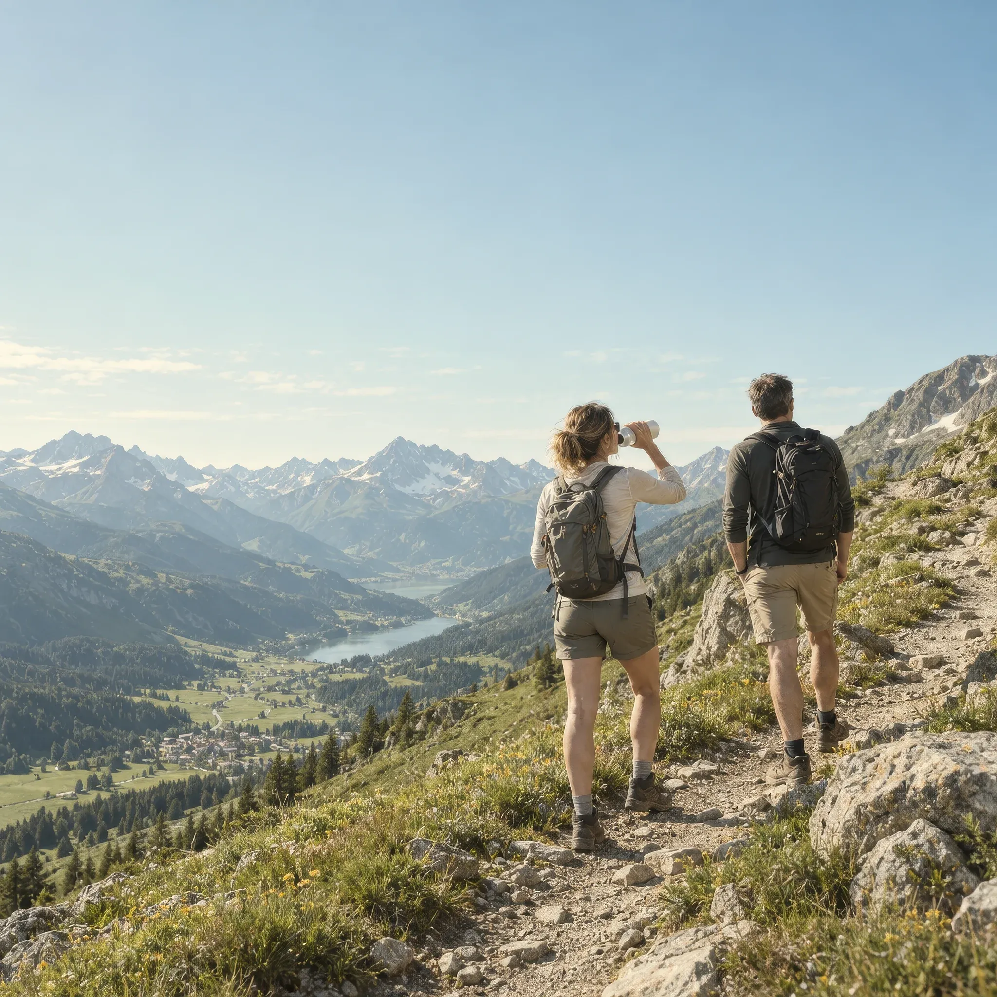 Un couple fait une pause pendant une randonnée en montagne